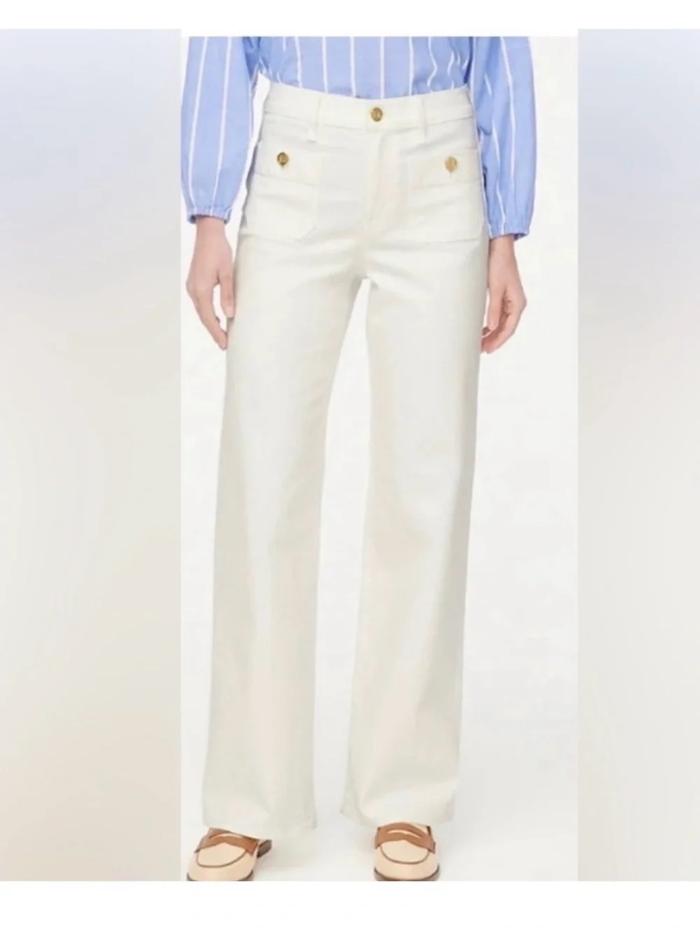NWT J. Crew Women's White Wide Leg Slim Sailor Jeans Gold Buttons - Picture 1 of 7